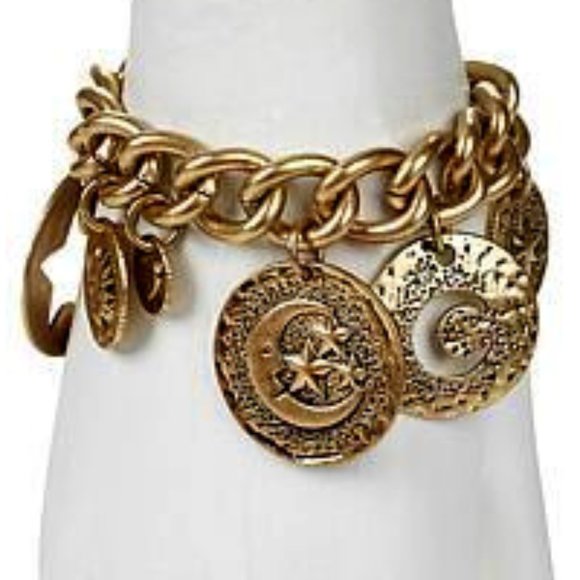 CRYSTAL STREETS HSN CELESTIAL GOLD MOON/STAR/SUN/HEART 7 CHARMS BRACELET**NEW! - Picture 2 of 2